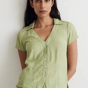 Notched V-Neck Button-Up Top